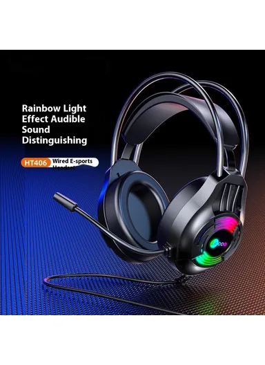 LED Light Over-Ear Headphone Wired Gaming Headset with Microphone HT406 - USB7.1 Interface