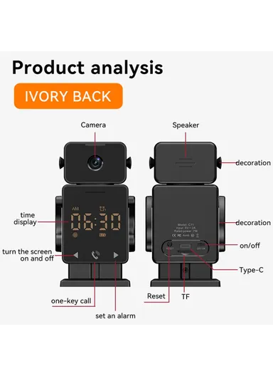  Tuya WiFi Security Camera Alarm Clock Two Way Audio Night Vision HD Surveillance Camera C11  - EU Plug