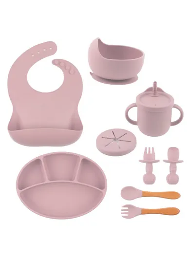 9Pcs Silicone Baby Feeding Kit Suction Bowl Spoon Fork Cup Bib Tableware Set (BPA-Free, FDA Certified) - Light Pink
