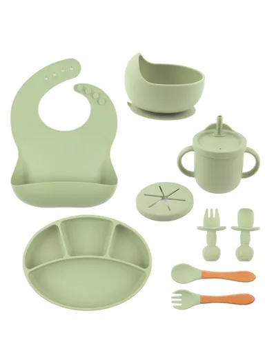 9Pcs Silicone Baby Feeding Kit Suction Bowl Spoon Fork Cup Bib Tableware Set (BPA-Free, FDA Certified) - Green