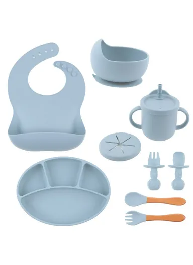 9Pcs Silicone Baby Feeding Kit Suction Bowl Spoon Fork Cup Bib Tableware Set (BPA-Free, FDA Certified) - Blue