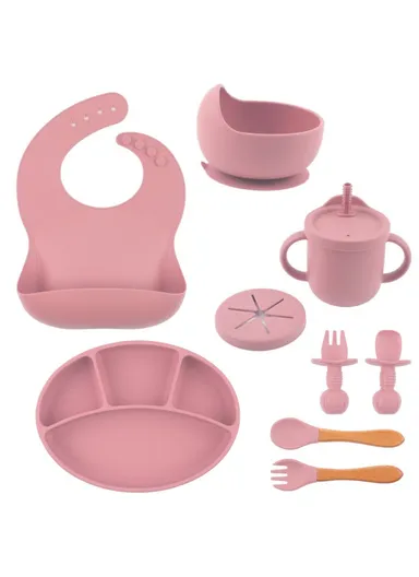 9Pcs Silicone Baby Feeding Kit Suction Bowl Spoon Fork Cup Bib Tableware Set (BPA-Free, FDA Certified) - Pink