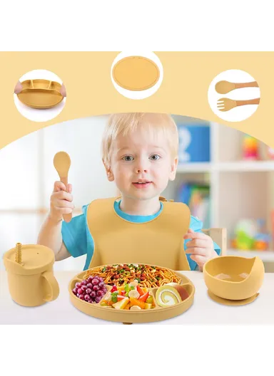 9Pcs Silicone Baby Feeding Kit Suction Bowl Spoon Fork Cup Bib Tableware Set (BPA-Free, FDA Certified) - Yellow