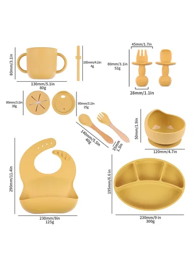 9Pcs Silicone Baby Feeding Kit Suction Bowl Spoon Fork Cup Bib Tableware Set (BPA-Free, FDA Certified) - Yellow