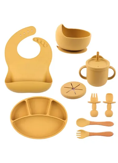 9Pcs Silicone Baby Feeding Kit Suction Bowl Spoon Fork Cup Bib Tableware Set (BPA-Free, FDA Certified) - Yellow