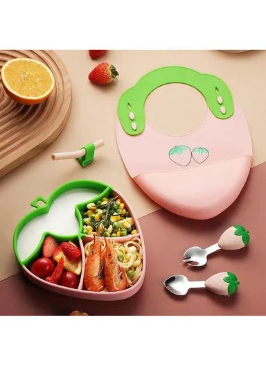 Cartoon Strawberry Baby Weaning Supplies Feeding Set Silicone Divided Plate Set (BPA-Free, NO FDA Certification) - Red
