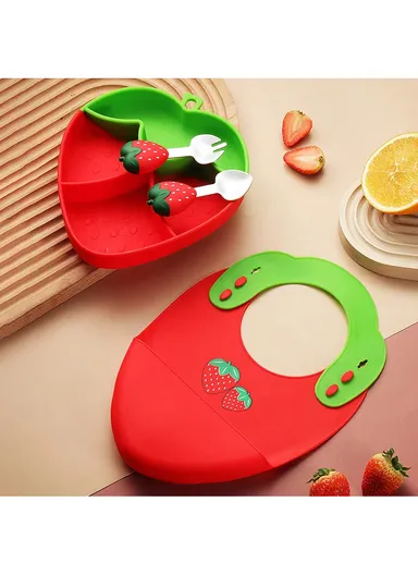 Cartoon Strawberry Baby Weaning Supplies Feeding Set Silicone Divided Plate Set (BPA-Free, NO FDA Certification) - Red