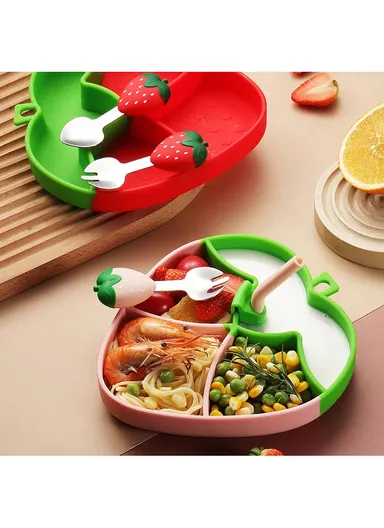 Cartoon Strawberry Baby Weaning Supplies Feeding Set Silicone Divided Plate Set (BPA-Free, NO FDA Certification) - Red