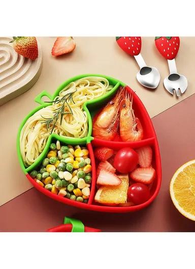 Cartoon Strawberry Baby Weaning Supplies Feeding Set Silicone Divided Plate Set (BPA-Free, NO FDA Certification) - Red