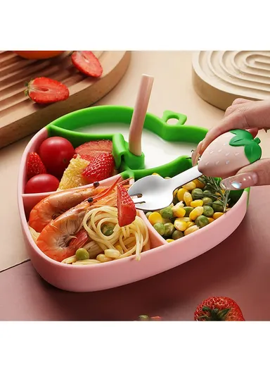Cartoon Strawberry Baby Weaning Supplies Feeding Set Silicone Divided Plate Set (BPA-Free, NO FDA Certification) - Red