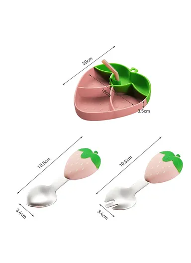 Cartoon Strawberry Baby Weaning Supplies Feeding Set Silicone Divided Plate Set (BPA-Free, NO FDA Certification) - Pink