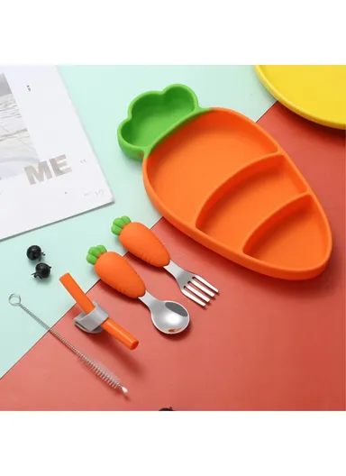 Cute Silicone Toddler Plate Bib Baby Stainless Steel Spoon and Fork Set (without FDA Certification, BPA Free)