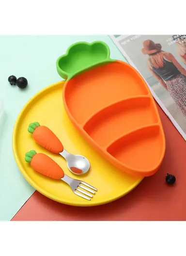 Cute Silicone Toddler Plate Bib Baby Stainless Steel Spoon and Fork Set (without FDA Certification, BPA Free)