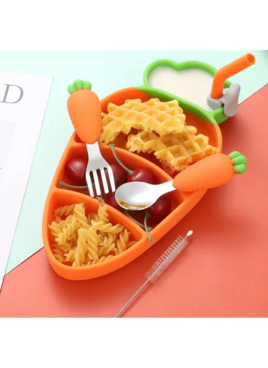 Cute Silicone Toddler Plate Bib Baby Stainless Steel Spoon and Fork Set (without FDA Certification, BPA Free)