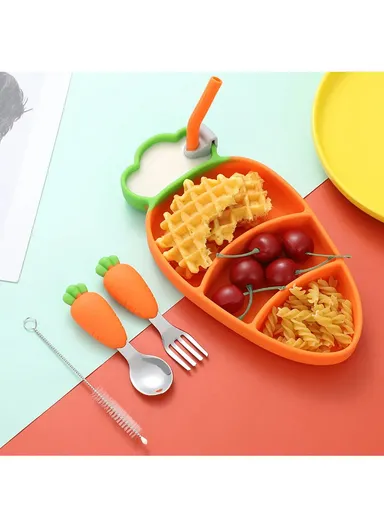 Cute Silicone Toddler Plate Bib Baby Stainless Steel Spoon and Fork Set (without FDA Certification, BPA Free)