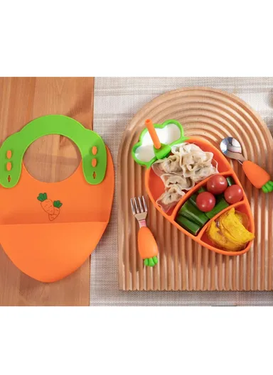 Cute Silicone Toddler Plate Bib Baby Stainless Steel Spoon and Fork Set (without FDA Certification, BPA Free)