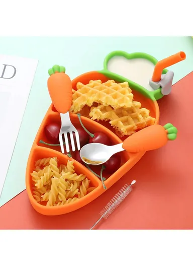 Cute Silicone Toddler Plate Bib Baby Stainless Steel Spoon and Fork Set (without FDA Certification, BPA Free)