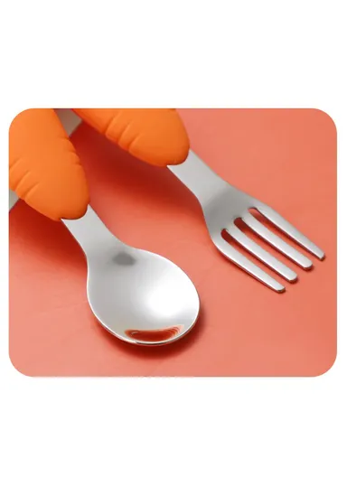 Cute Silicone Toddler Plate Bib Baby Stainless Steel Spoon and Fork Set (without FDA Certification, BPA Free)