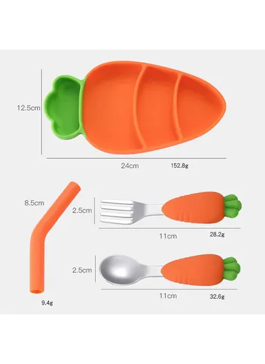 Cute Silicone Toddler Plate Bib Baby Stainless Steel Spoon and Fork Set (without FDA Certification, BPA Free)
