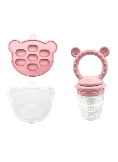 2 In 1 Food Grade Silicone Pacifier with Ice Tray Baby Fruit Vegetable Feeder Teether (BPA Free, with FDA) - Light Pink+Smiling Face