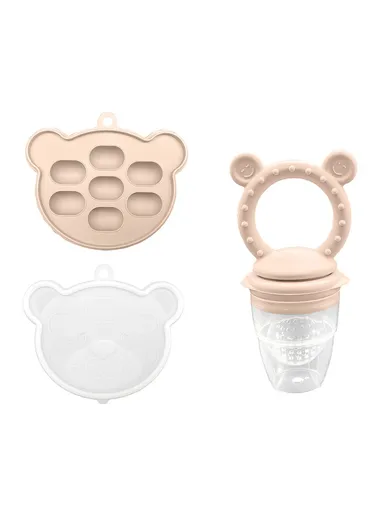 2 In 1 Food Grade Silicone Pacifier with Ice Tray Baby Fruit Vegetable Feeder Teether (BPA Free, with FDA) - Beige+Smiling Face