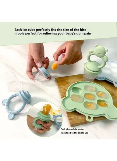 2 In 1 Food Grade Silicone Pacifier with Ice Tray Baby Fruit Vegetable Feeder Teether (BPA Free, with FDA) - Beige+Smiling Face