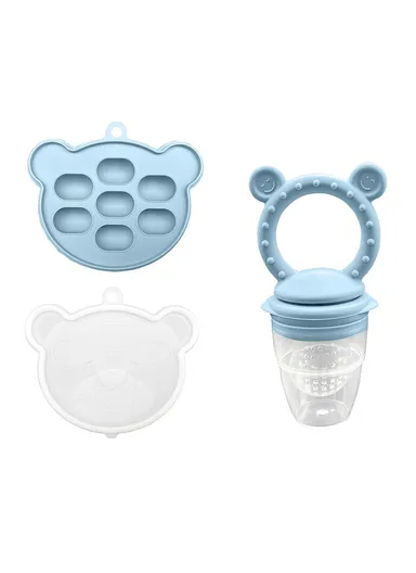 2 In 1 Food Grade Silicone Pacifier with Ice Tray Baby Fruit Vegetable Feeder Teether (BPA Free, with FDA) - Grey Blue+Smiling Face