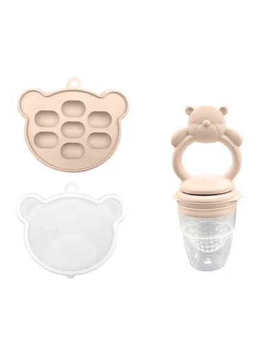 2 In 1 Food Grade Silicone Pacifier with Ice Tray Baby Fruit Vegetable Feeder Teether (BPA Free, with FDA) - Beige+Bear