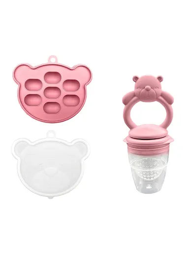 2 In 1 Food Grade Silicone Pacifier with Ice Tray Baby Fruit Vegetable Feeder Teether (BPA Free, with FDA) - Dark Pink+Bear