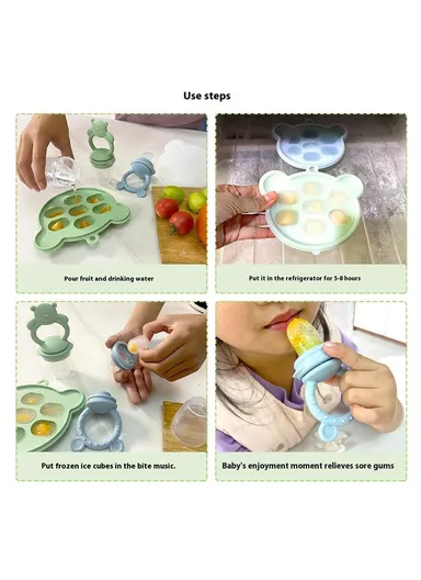 2 In 1 Food Grade Silicone Pacifier with Ice Tray Baby Fruit Vegetable Feeder Teether (BPA Free, with FDA) - Dark Pink+Bear