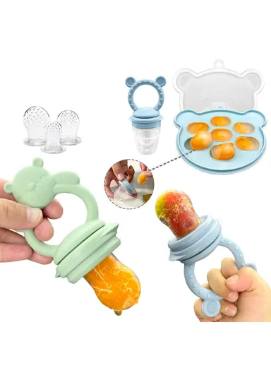 2 In 1 Food Grade Silicone Pacifier with Ice Tray Baby Fruit Vegetable Feeder Teether (BPA Free, with FDA) - Green+Bear