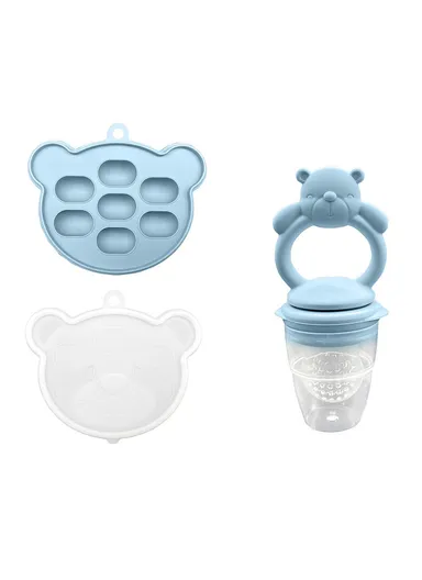 2 In 1 Food Grade Silicone Pacifier with Ice Tray Baby Fruit Vegetable Feeder Teether (BPA Free, with FDA) - Grey Blue+Bear