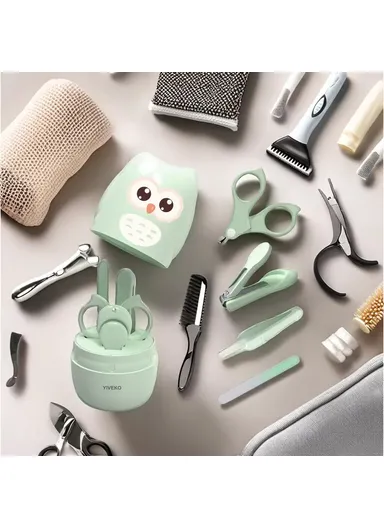 4Pcs Cartoon Owl Pattern Baby Nail Care Kit Newborn Nail Clippers Scissors Tweezers File Set - Mint Green