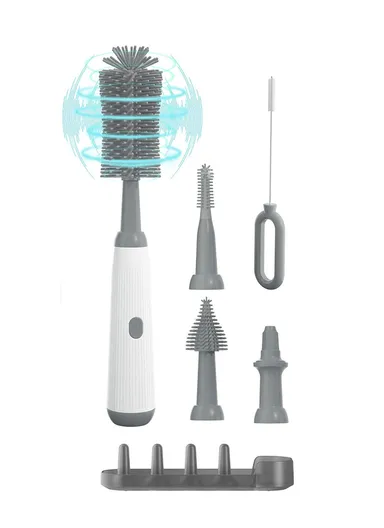 360 Degree Rotatable Electric Baby Bottle Brush Set Portable Pacifier Cleaner with Storage Rack (BPA Free, No FDA) - Grey