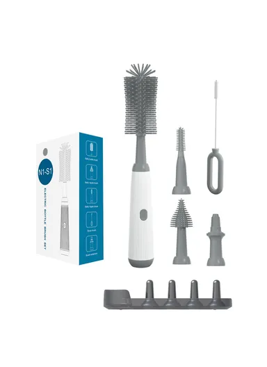 360 Degree Rotatable Electric Baby Bottle Brush Set Portable Pacifier Cleaner with Storage Rack (BPA Free, No FDA) - Grey