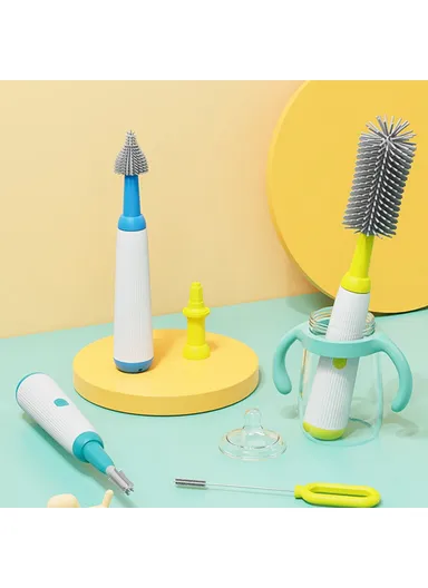 360 Degree Rotatable Electric Baby Bottle Brush Set Portable Pacifier Cleaner with Storage Rack (BPA Free, No FDA) - Grey