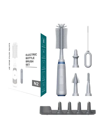 Portable Pacifier Cleaner Kit with Storage Rack 360 Degree Rotatable Electric Baby Bottle Brush Set (BPA Free, No FDA) - Grey