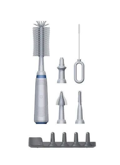 Portable Pacifier Cleaner Kit with Storage Rack 360 Degree Rotatable Electric Baby Bottle Brush Set (BPA Free, No FDA) - Grey