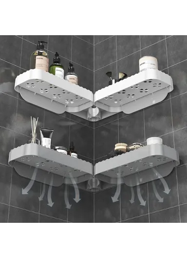 Rotating Corner Shelf Foldable Countertop Organizer Wall Mounted Triangle Rack for Bathroom / Kitchen - White