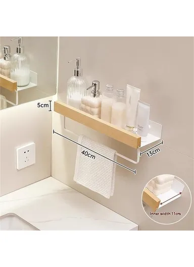 40cm Wood Bathroom Storage Shelf with Towel Bar Wall Mounted Washroom Organizer Punching Free - White
