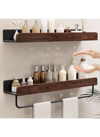 40cm Wood Bathroom Storage Shelf with Towel Bar Wall Mounted Washroom Organizer Punching Free - White
