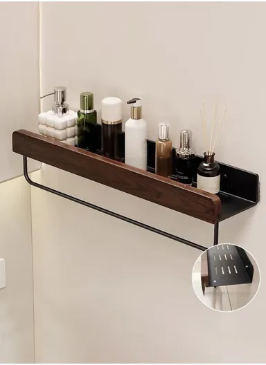 40cm Wood Bathroom Storage Shelf with Towel Bar Wall Mounted Washroom Organizer Punching Free - Black