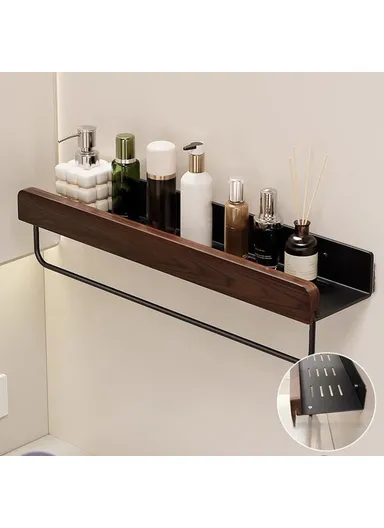 40cm Wood Bathroom Storage Shelf with Towel Bar Wall Mounted Washroom Organizer Punching Free - Black