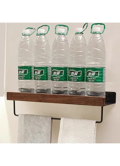 40cm Wood Bathroom Storage Shelf with Towel Bar Wall Mounted Washroom Organizer Punching Free - Black