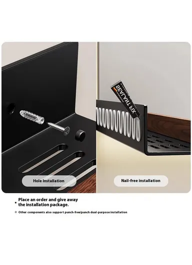 40cm Wood Bathroom Storage Shelf with Towel Bar Wall Mounted Washroom Organizer Punching Free - Black