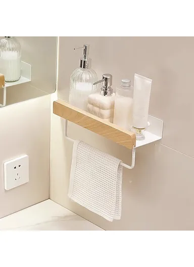 30cm Wood Bathroom Storage Shelf with Towel Bar Wall Mounted Washroom Organizer Punching Free - White
