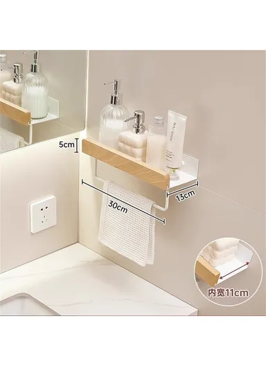 30cm Wood Bathroom Storage Shelf with Towel Bar Wall Mounted Washroom Organizer Punching Free - White