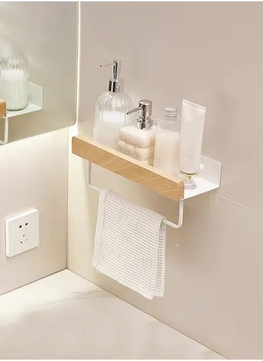 30cm Wood Bathroom Storage Shelf with Towel Bar Wall Mounted Washroom Organizer Punching Free - White