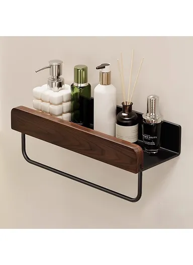 30cm Wood Bathroom Storage Shelf with Towel Bar Wall Mounted Washroom Organizer Punching Free - Black
