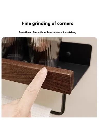 30cm Wood Bathroom Storage Shelf with Towel Bar Wall Mounted Washroom Organizer Punching Free - Black